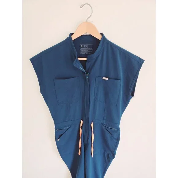 FIGS Rafaela Cargo Scrub Jumpsuit Deep Reef Blue Orange L Large Short Sleeves - Picture 3 of 10